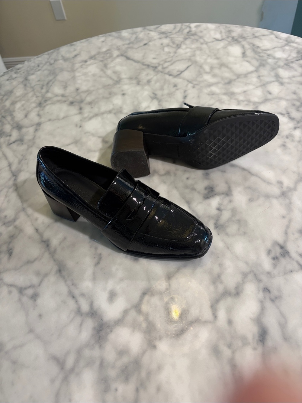 AEROSOLES Black Patent Leather Block Heel Loafers